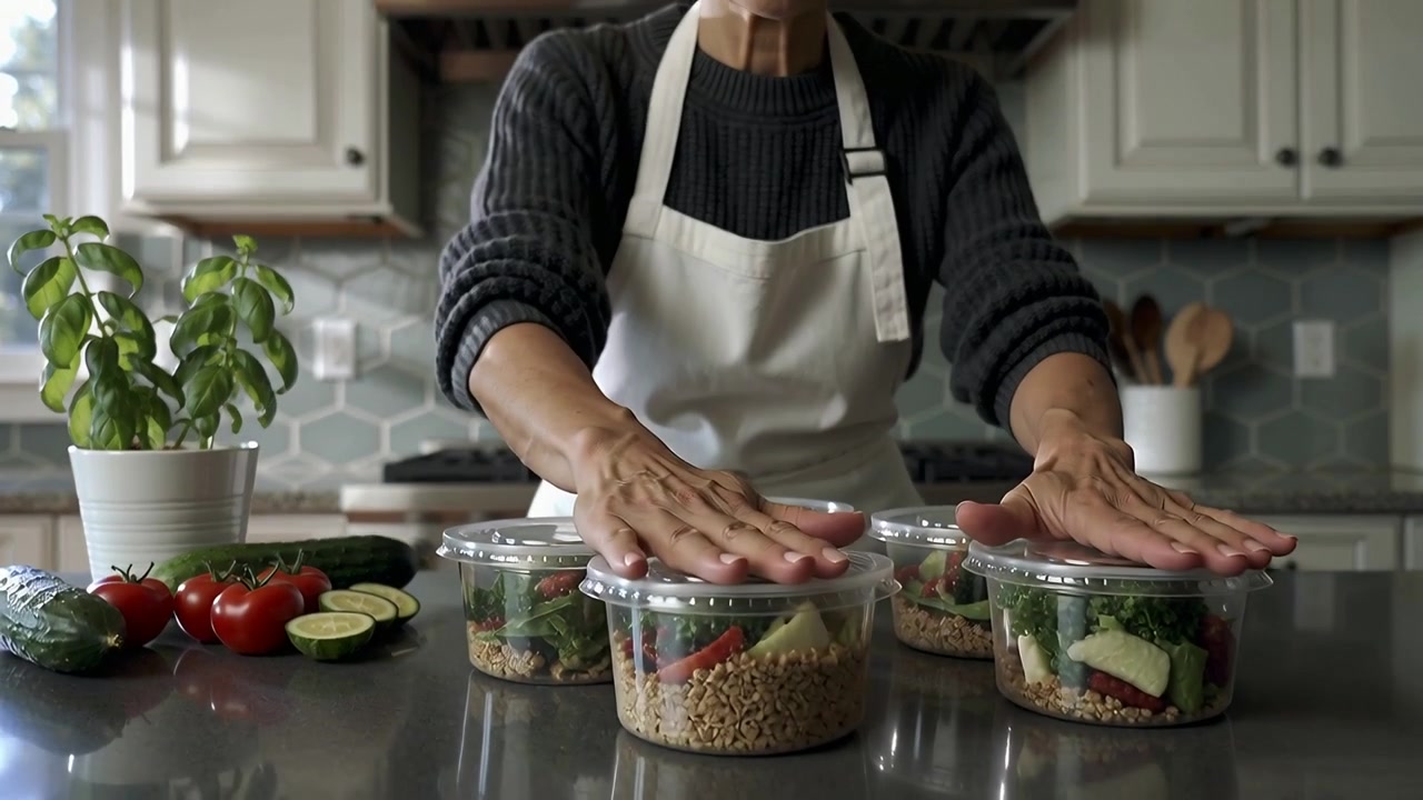 Reaching forward senior woman sealing clear containers for meals at kitchen counter, wearing apron