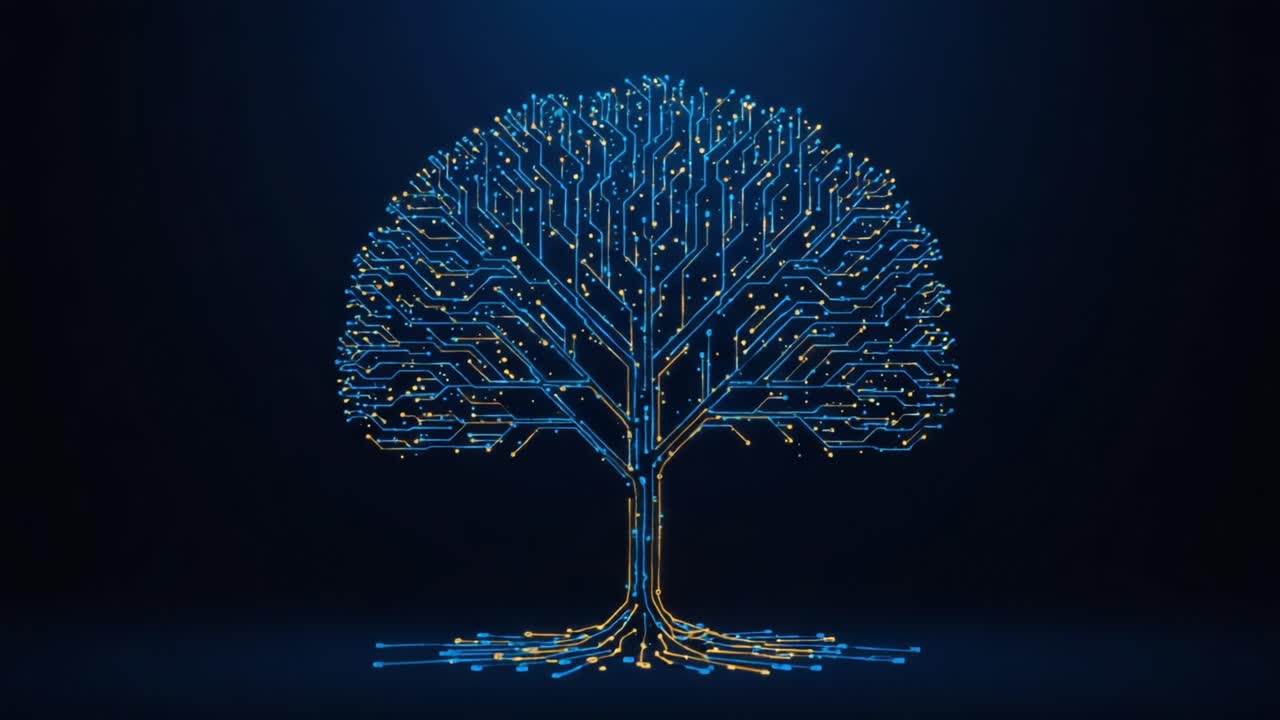 A Beautifully Designed Digital Tree Representing the Harmony Between Nature and Technology, Created with Intricate Circuit Patterns and Vivid Colors