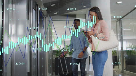 Animation-of-graphs-with-changing-numbers,-diverse-coworkers-waiting-for-elevator-in-office