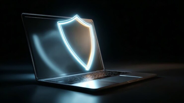 Protective Shield Emblem Displayed on Laptop Screen Symbolizing Cybersecurity and Digital Safety in a Modern Technological Environment