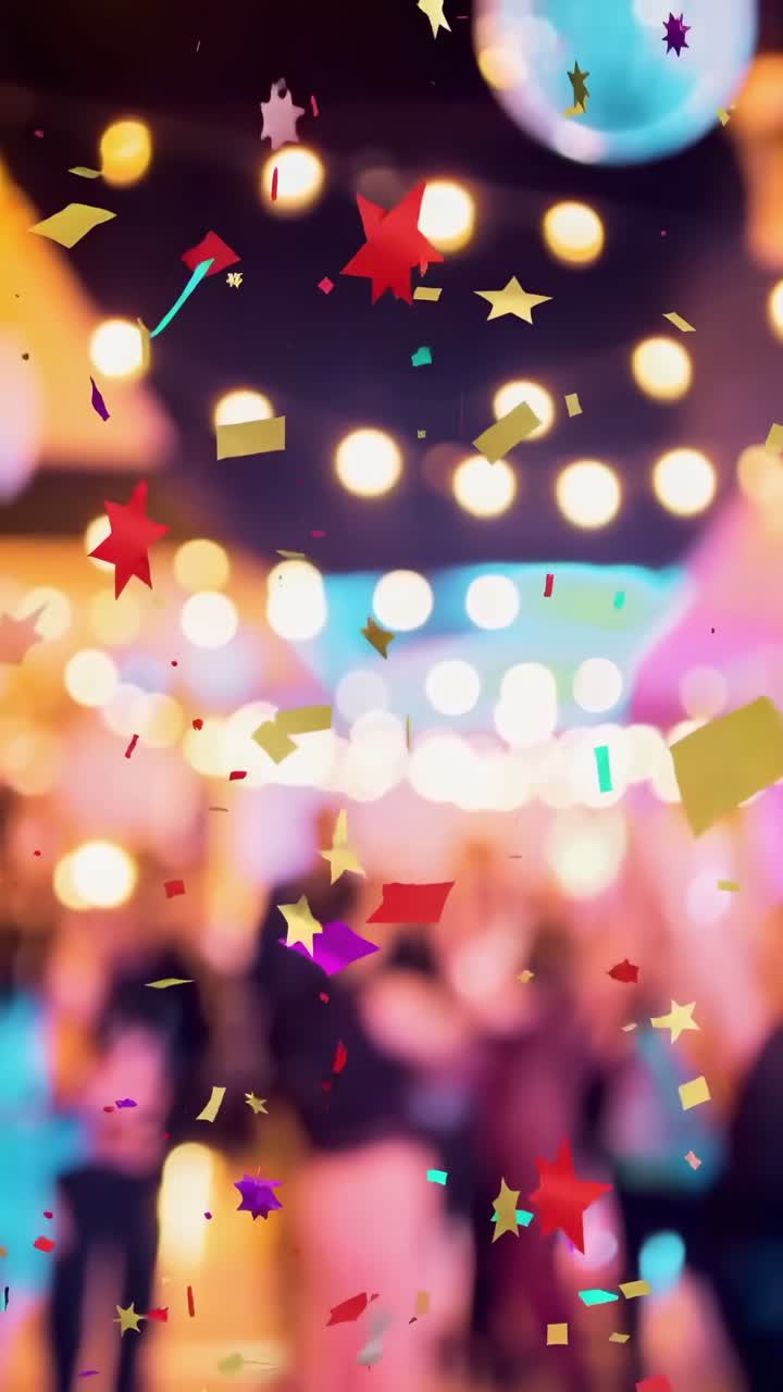 Coriandoli colorati che piovono su luci di festa sfocate e persone