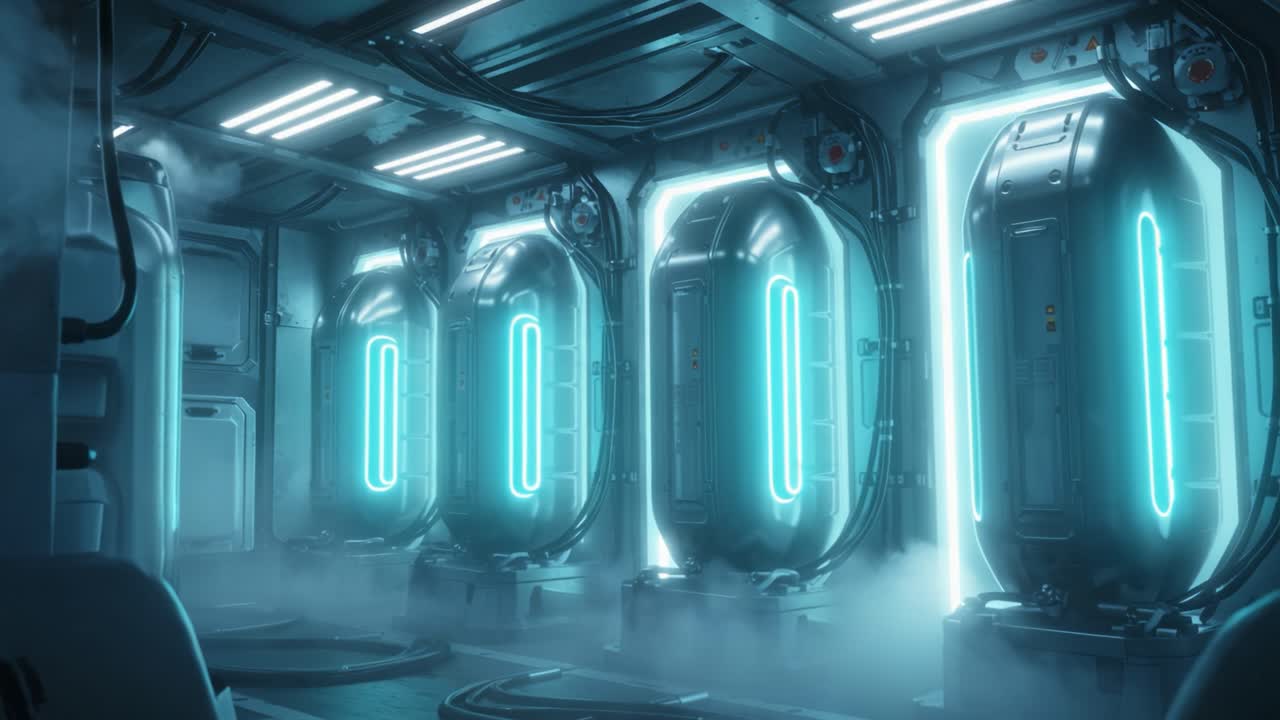 A futuristic, high-tech chamber featuring illuminated cryogenic pods nestled within a misty environment, conveying an atmosphere of advanced science and exploration