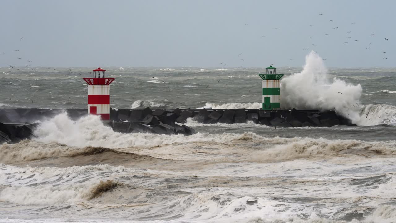 Powerful Waves Crashing Against a Pier with Lighthouses