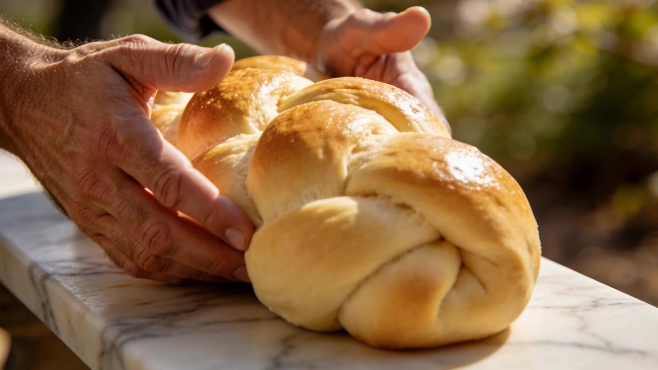 Entering left frame, hands in dark sleeves nudging braided loaf on marble slab for styling