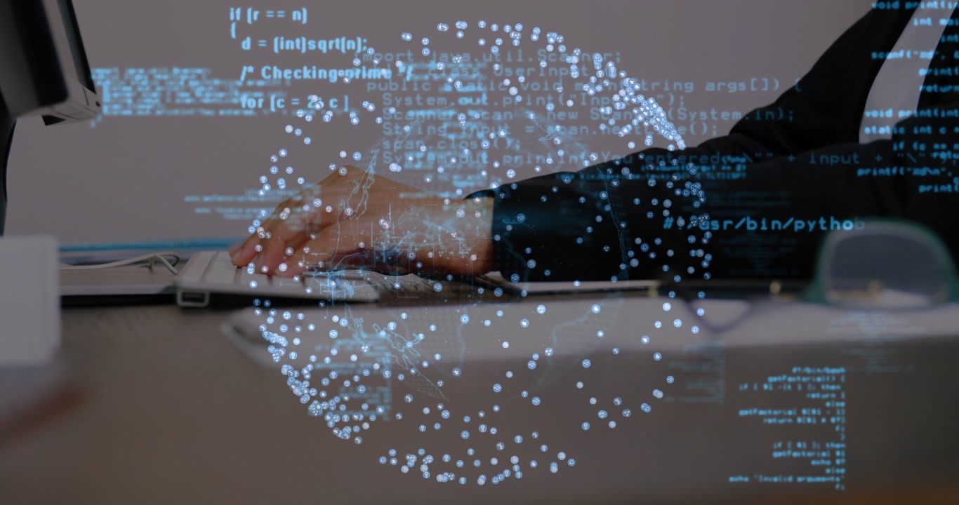 Dev hands typing and clicking by moving mouse, editing code with dotted sphere overlaying hands