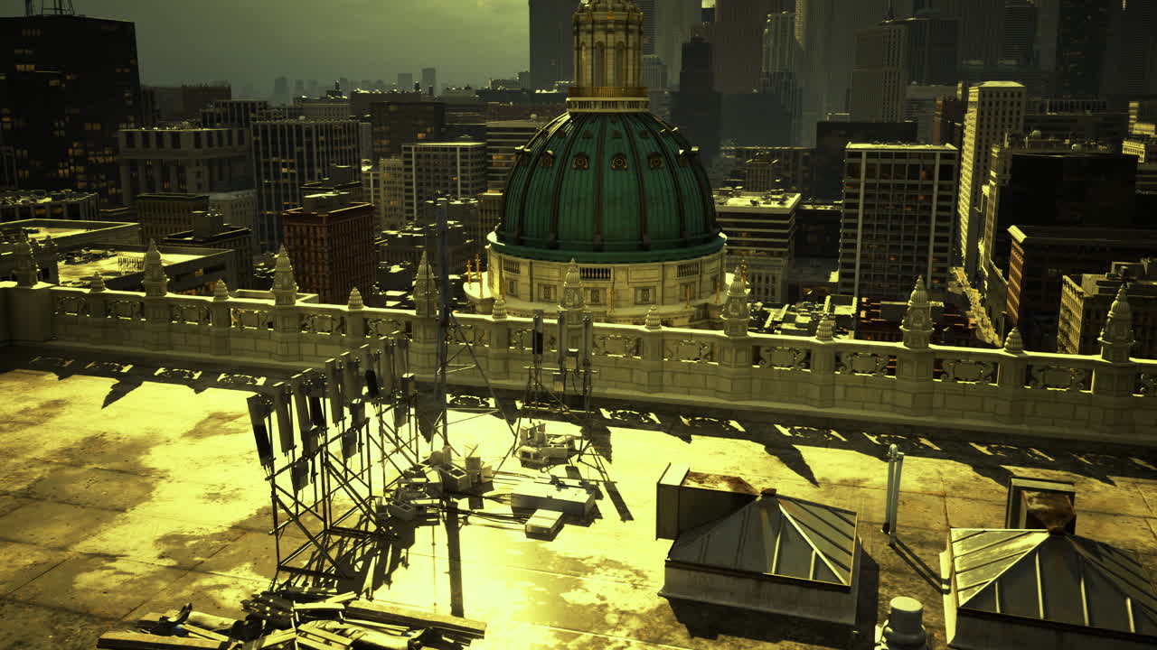 Urban rooftop view showcases city skyline and historic dome at sunset