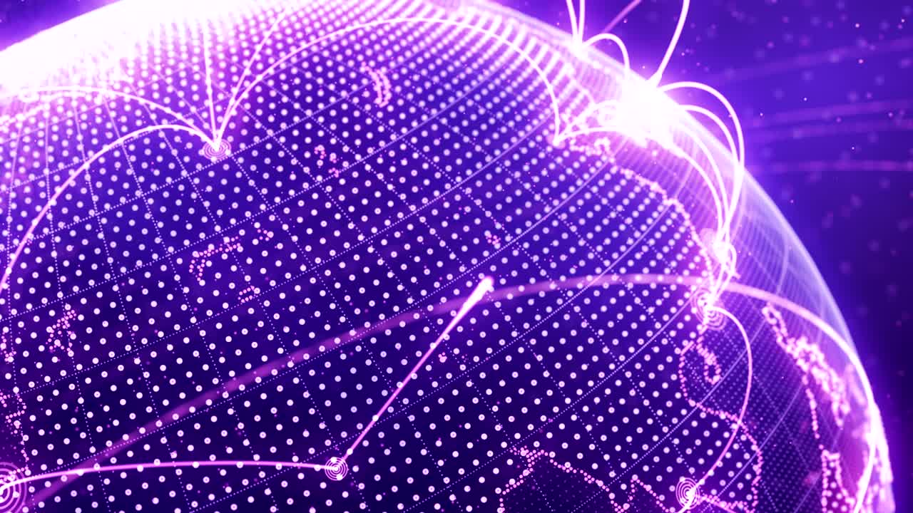 mundo de partículas con una red global creciente - versión púrpura