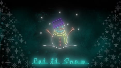 animación de dejar que nieve texto en navidad sobre el muñeco de nieve y paisaje de invierno
