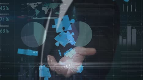 animación de piezas de rompecabezas sobre empresario utilizando interfaz y procesamiento de datos