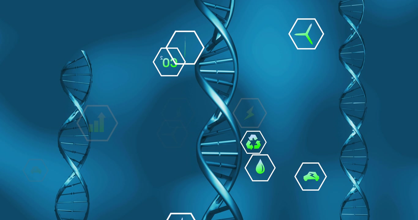All'inizio, la principale elica del DNA ruota mentre esagoni si spostano verso l'interno, impilandosi e mostrando metriche verdi