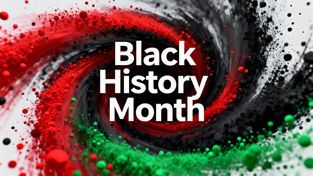 Titolo iniziale animato con la scritta Mese della storia dei neri, polvere tricolore che turbina su sfondo bianco