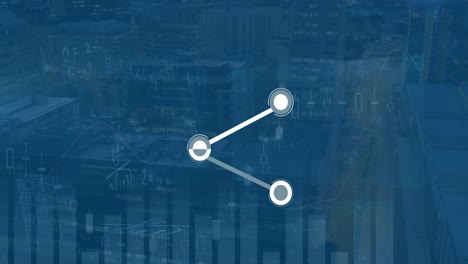 Animation-of-connecting-dots,-mathematical-equations-and-3d-city-model-spinning-over-tall-buildings