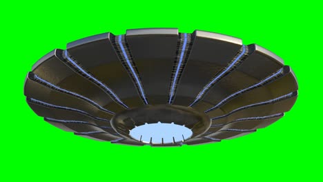 ufo, rotating flying saucer with extraterrestrial visitors,  alien spaceship isolated on green screen background, 4k loop