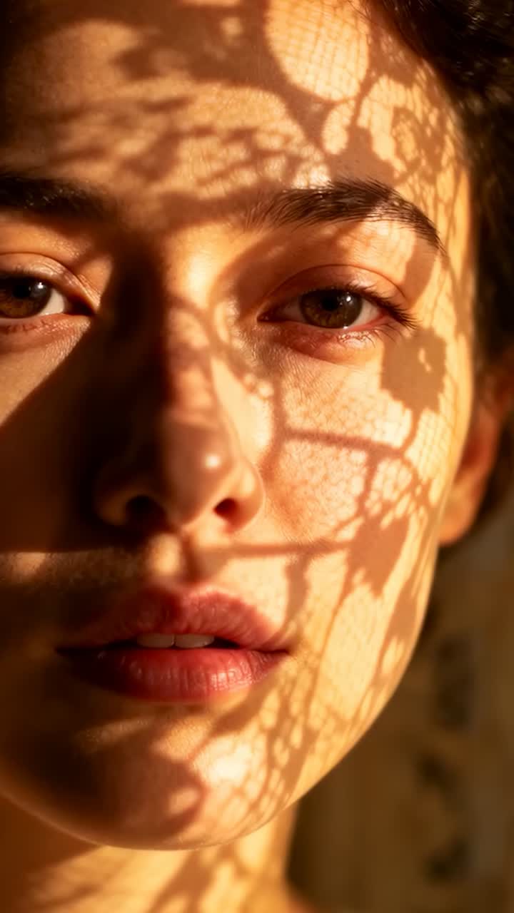 Vertical video: Facing lens woman in room showing left blink, lace curtain casting sunlight shadows