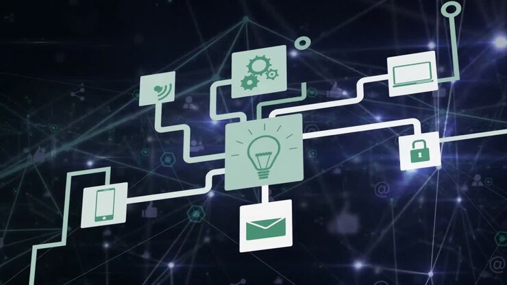 Animation of data processing and icons on black background