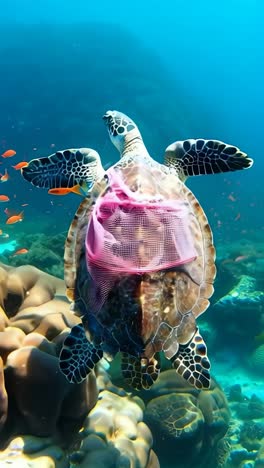 turtle swims with a fishing net in its shell. plastic pollution in the ocean, environmental concept