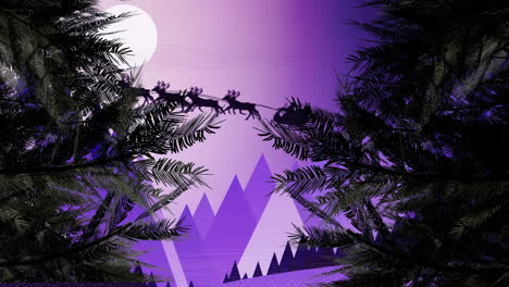 animation of santa claus in sleigh with reindeer over winter landscape and moon