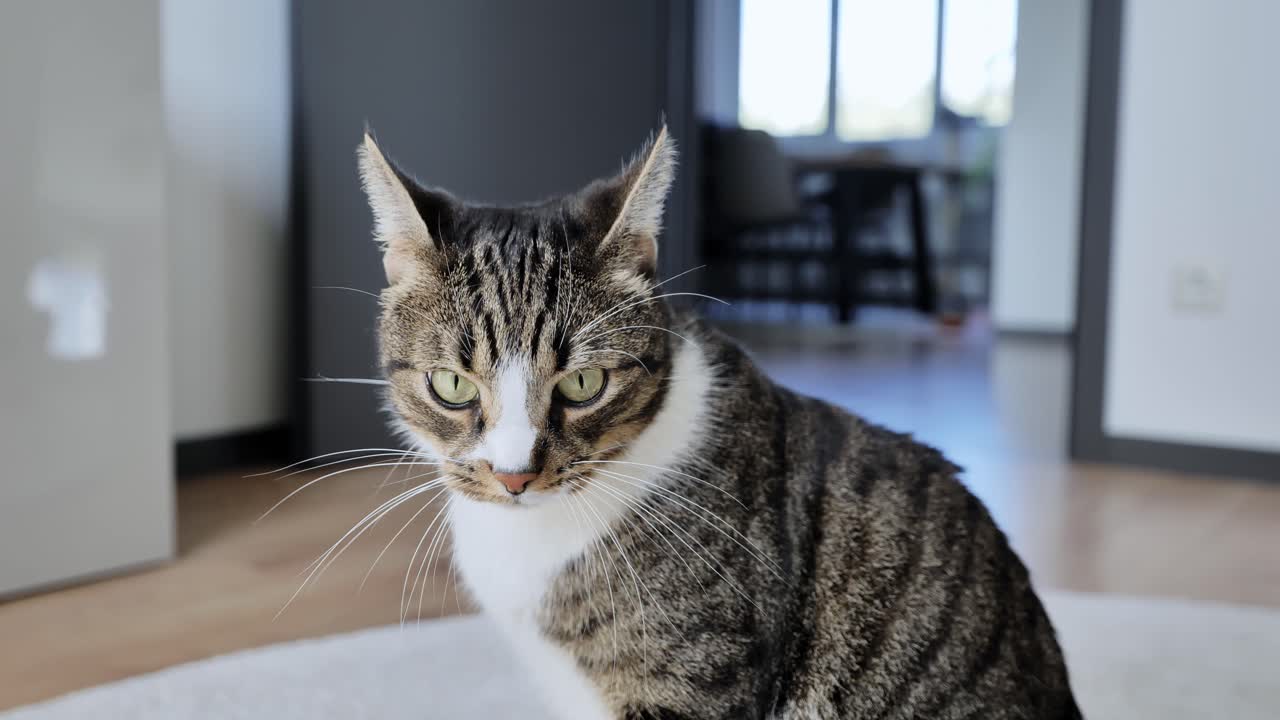 Un gatto domestico soriano dall'aspetto vigile e concentrato in un interno contemporaneo pulito