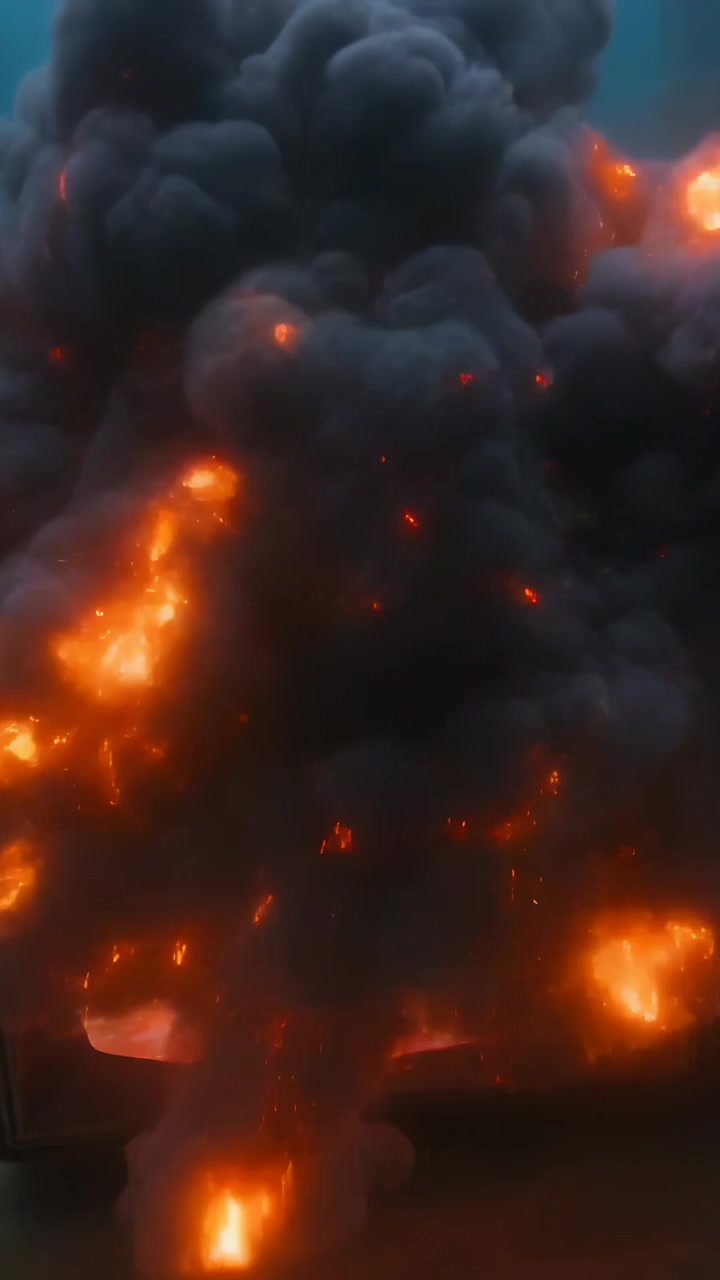 Vertical video: Spewing smoke and embers from red screen flash, CRT TV topped with algae on seabed