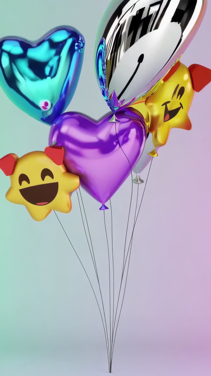 A vibrant cluster of metallic and colorful balloons, including heart and smiley face shapes, set against a soft gradient background