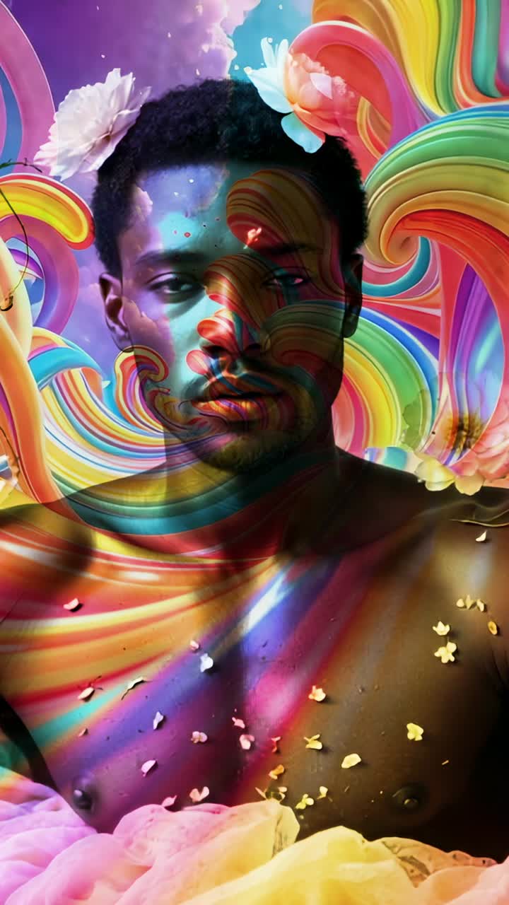 Vertical video: Responding to projection model showing rainbow arcs petals across chest in studio