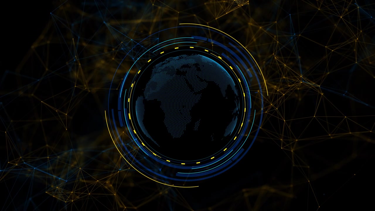 Blue gold earth network interface with glowing digital globe circular hud rings connected polygon