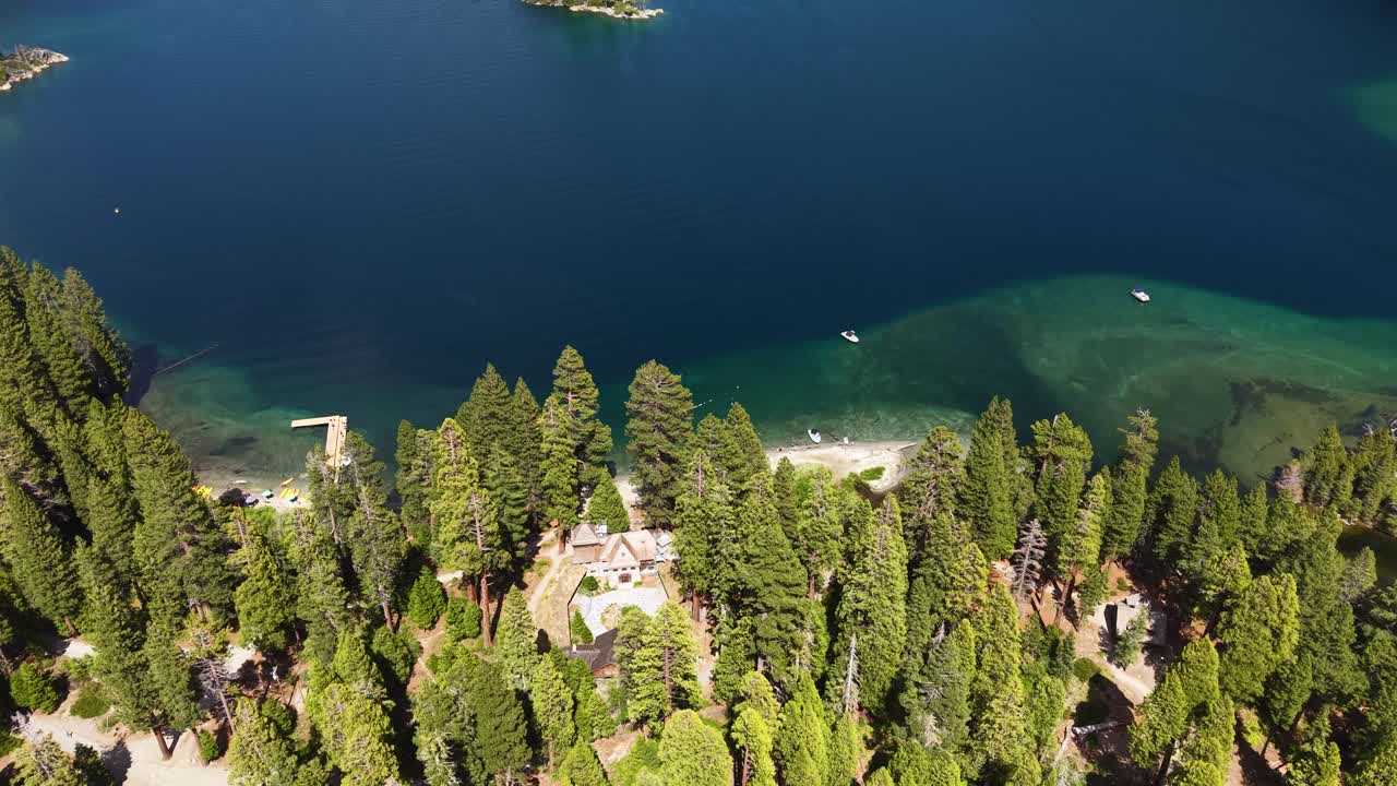 Emerald Bay, Lake Tahoe USA. Revealing Drone Shot of Landscape on Sunny Summer Day
