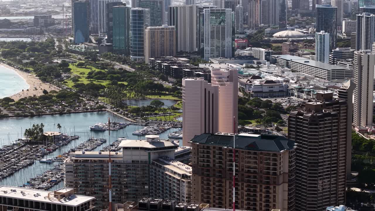 Drone Shot of Honolulu Hawaii USA Waterfront Buildings and Ala Wai Boats Harbor