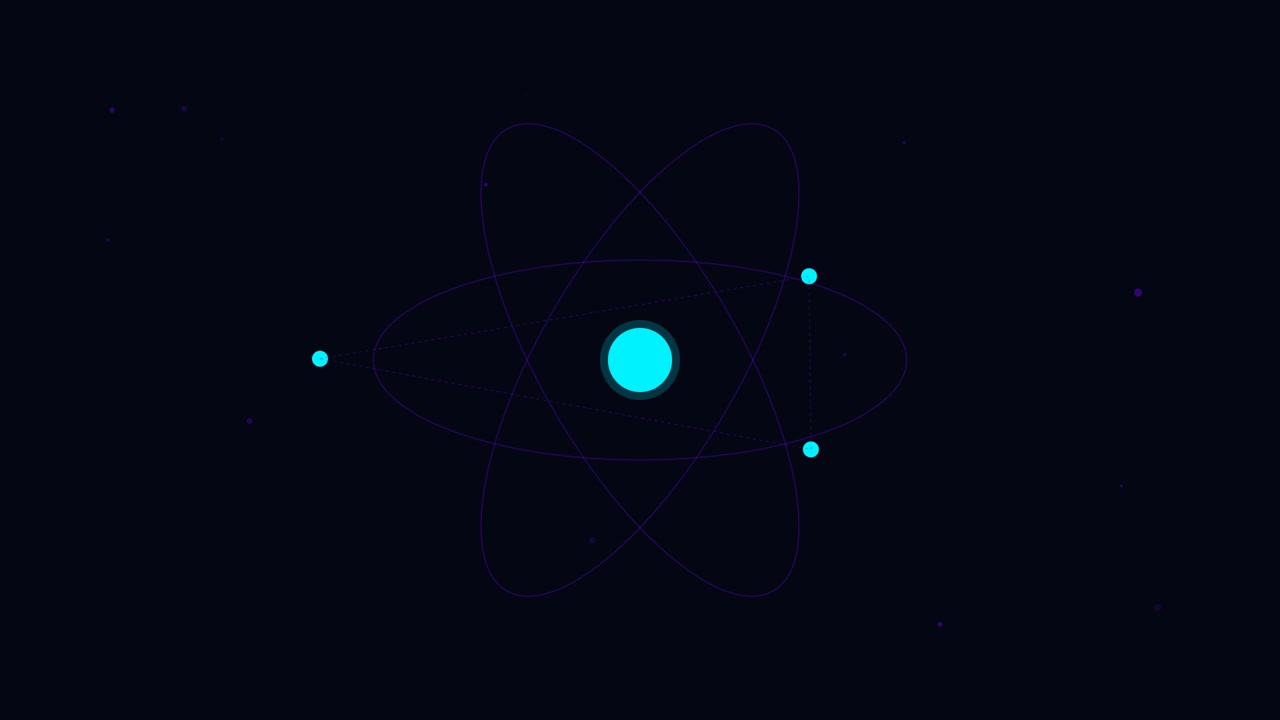 Modello atomico animato in rotazione su sfondo scuro