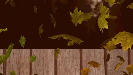 Digital-animation-of-multiple-autumn-leaves-floating-over-wooden-surface-against-forest