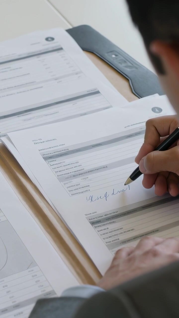 Video vertical: Hombre de traje revisando formularios, cogiendo un bolígrafo en el escritorio, firmando para aprobar, con espacio para texto