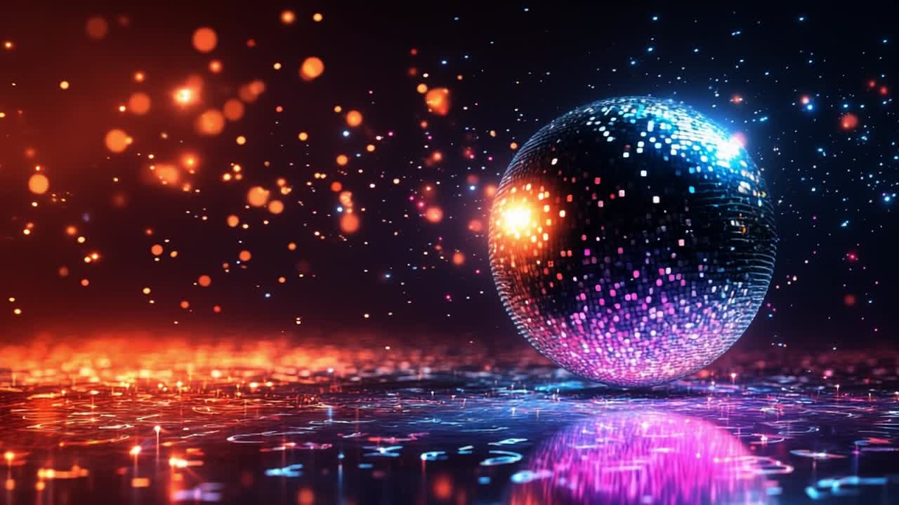 Disco ball reflects vibrant lights. A shiny disco ball catches vibrant reflections of colorful lights, creating a lively atmosphere at a party.