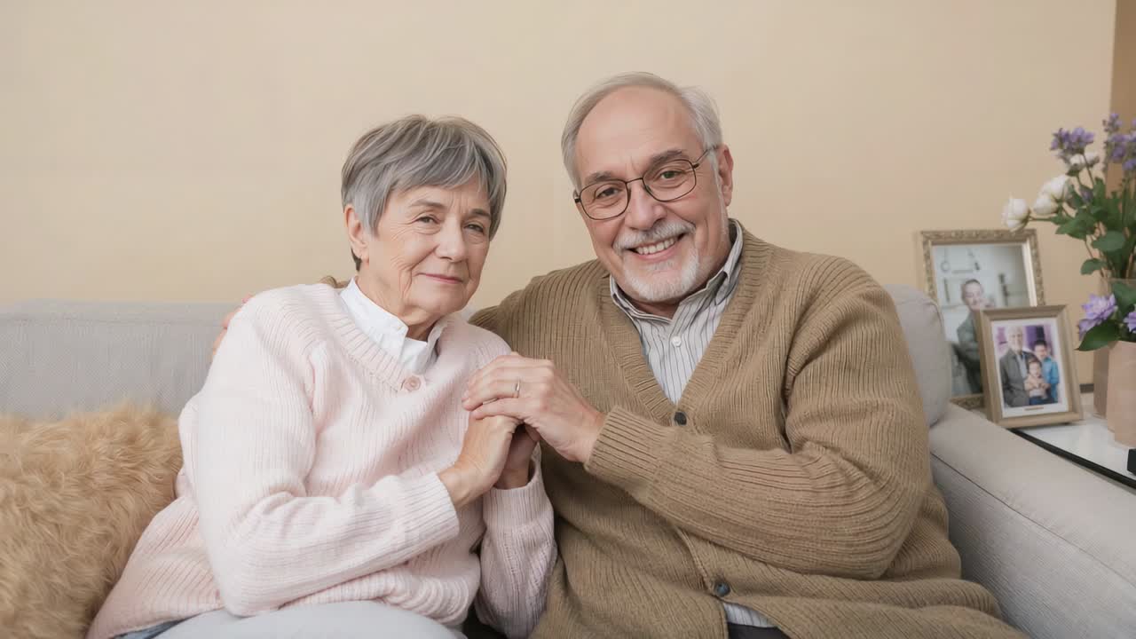 Una pareja de ancianos sonrientes, cogidos de la mano y apoyados en un sofá en un salón acogedor, con un anillo