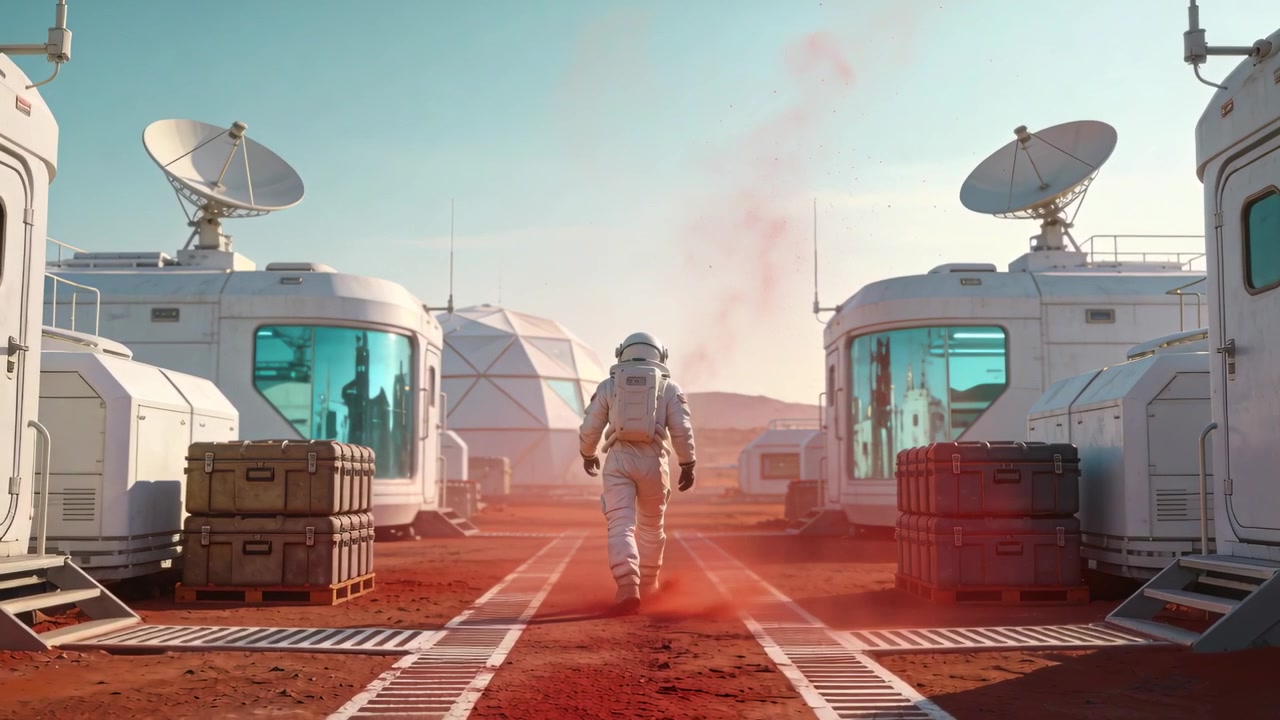 Astronauta in tuta bianca cammina, sollevando polvere rossa lungo la passerella oltre i moduli, dirigendosi verso la cupola.