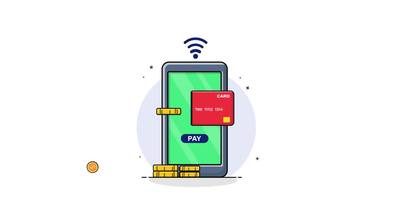 Pagamento mobile animato con smartphone e carta di credito