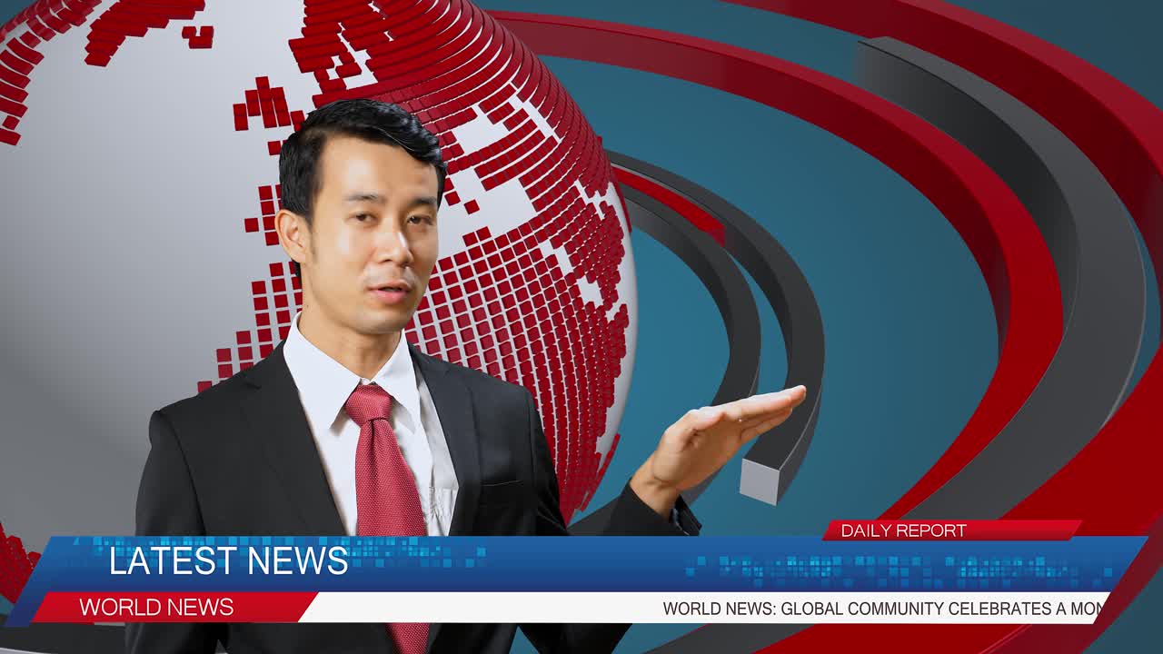 Live News Studio With Asian Professional Male Anchor Reporting On The Events Of The Day. Television Channel Newsroom With Newscaster Talking. Running Ticker Shows World, Business, Politics, Sports News