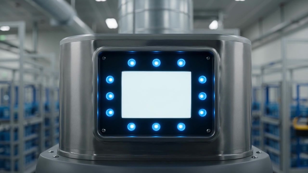 Industrial Robot Display with Flashing Blue Lights and Blank Screen