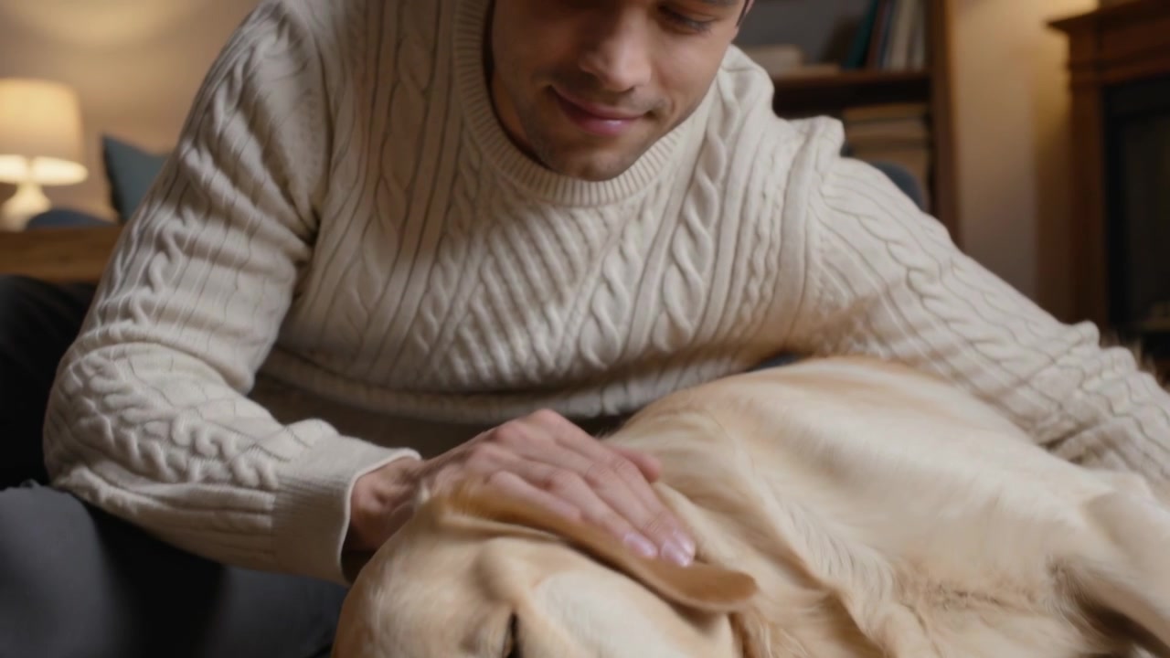 Un uomo con un maglione a trecce color crema si sistema e accarezza un Labrador giallo su un tappeto intrecciato a casa, calmando il cane.