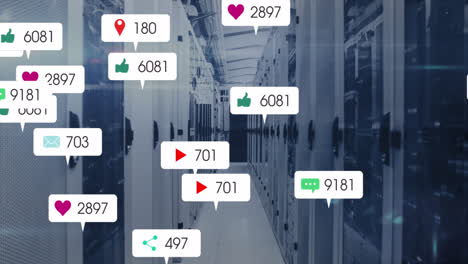 social media notifications over data center server racks in technology setting