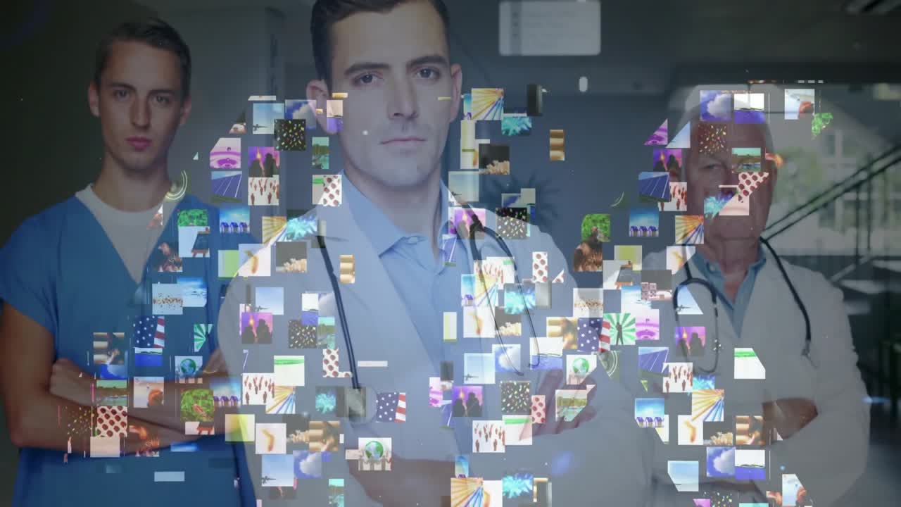 Team medico in piedi all'inizio di un corridoio che osserva piastrelle a mosaico formare le lettere HD che mostrano la qualità.