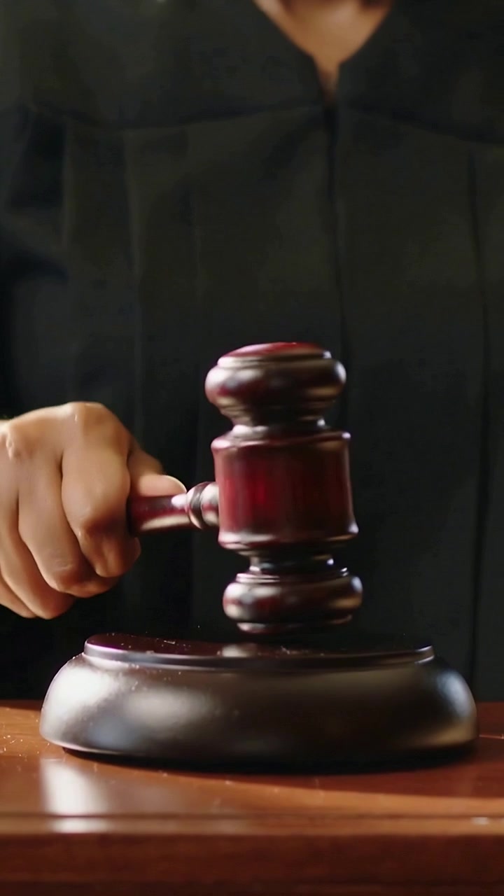 Video verticale: Giudice in toga che batte il martelletto sul blocco sul banco, richiamando all'ordine il tribunale.