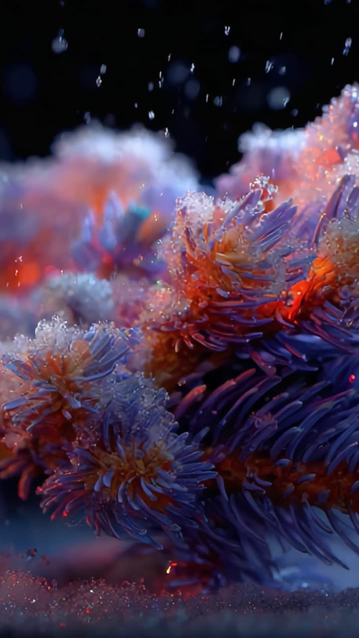 Una straordinaria rappresentazione di colorata vita marina: vista ravvicinata di coralli vivaci e anemoni di mare sott'acqua con goccioline che compaiono sulla loro superficie
