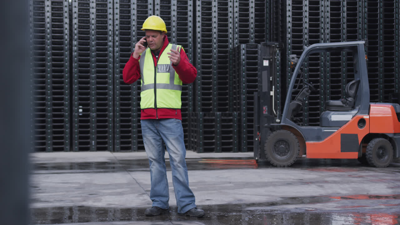 Warehouse worker talking on phone outside factory