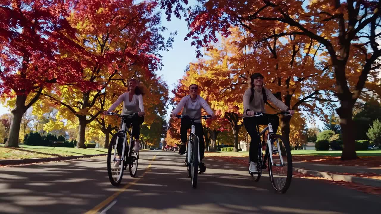 Video of three friends cycling on a tree-lined road in autumn