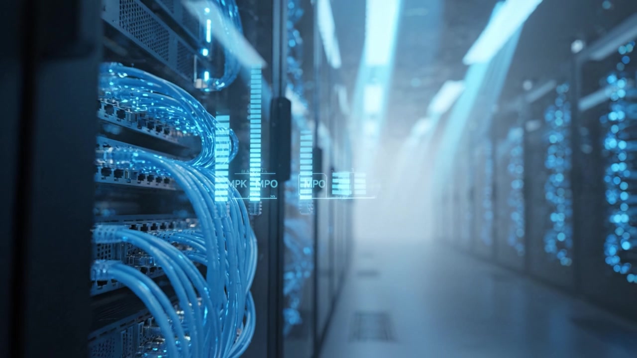 Illuminated Data Center: A Stunning Visual of Network Connectivity and Technology Featuring Blue Cables Amidst Sophisticated Server Racks and Modern Infrastructure