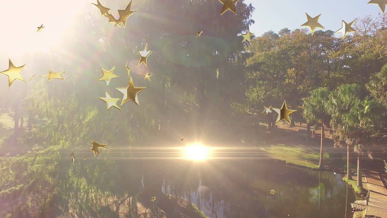 Golden stars animation over serene park landscape with pond and trees