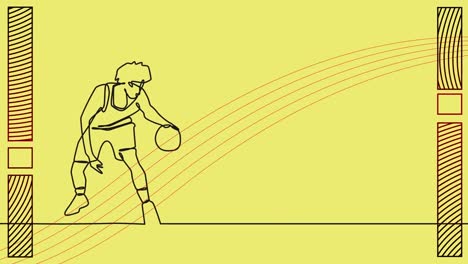 Animation-of-drawing-of-male-basketball-player-and-shapes-on-yellow-background