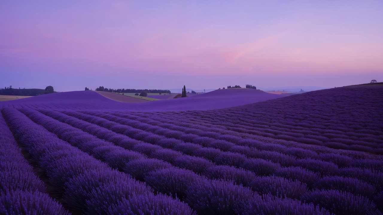 Starting camera panning across lavender field rows at dusk revealing hills, cypress and oak trees