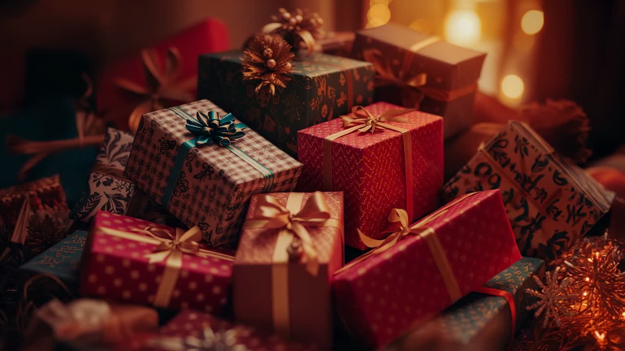 Avvio dello spostamento laterale della telecamera che rivela scatole regalo sul ripiano, evidenziando nastri e pigne