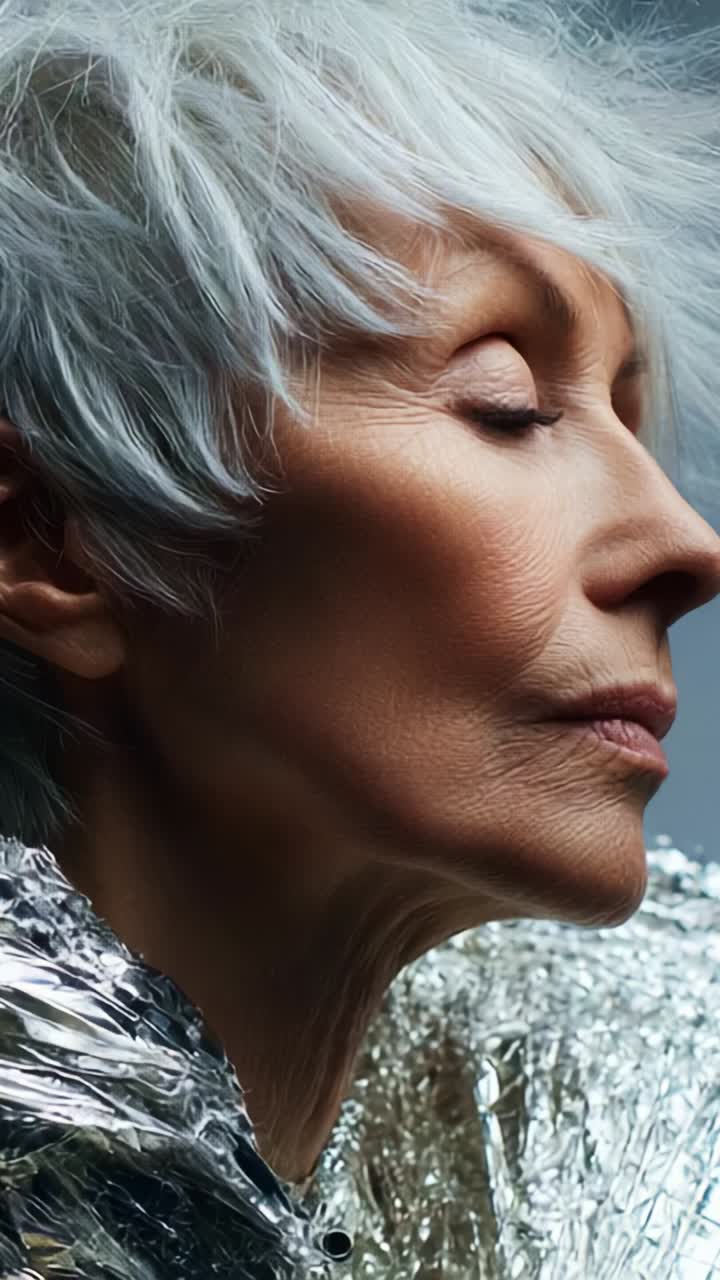 Un ritratto affascinante di una donna anziana con i capelli argentati, che mostra rughe sottili e texture in un capo metallico unico, evidenziando la bellezza e l'eleganza nell'invecchiamento